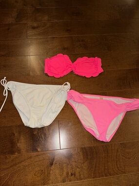Victoria’s Secret + Pink Bandeau Bikini Top + Bikini Bottoms Pink + White S/M